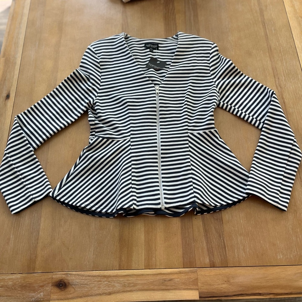 Topshop Black & White Striped Zip-Front Peplum Blazer